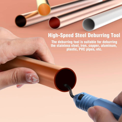 High-speed steel deburring tool in use, part of Pro Grade Copper Pipe Cutter And Expander Drill Bit Tools Set Swaging HVAC Deburring Kit.