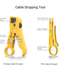 Two yellow cable stripping tools for network cabling. "Multiply Cable Stripper" and "Mini Cable Stripper" shown with labeled parts.