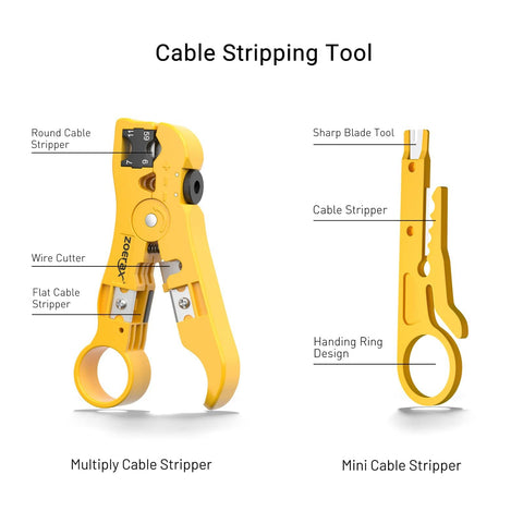 Two yellow cable stripping tools for network cabling. "Multiply Cable Stripper" and "Mini Cable Stripper" shown with labeled parts.