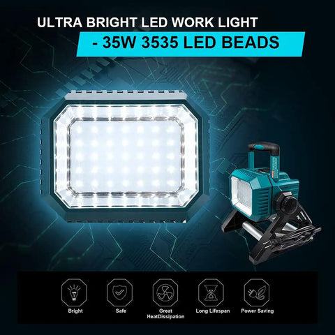 Beast Bright 5000 Lumen Cordless Floodlight With 18V Battery Compatibility 35W Work Light front and side view