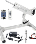 Angled view of JQDML 24V reciprocating linear actuator kit with remote, speed controller, power adapter, and stand rails.