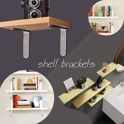 No Sweat Mounting 4X4 Inch Stainless Steel L Brackets Handle Serious Weight On Wall Hung Wood Shelves Rust Free Corner Braces With Countersunk Holes And Screws Included on a wooden shelf with cameras.