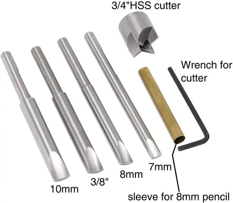 7 Piece Pen Mill Trimmer Set Featuring Heavy Duty Steel Cutter And Multi Size Pilot Shafts For 7Mm 8Mm 10Mm Tubes including cutter and shafts.