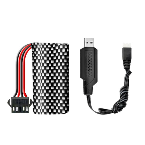 Spare Battery For RC Boat H138 With Charging Cable Included High Capacity Replacement Pack with black checkered design and USB cable
