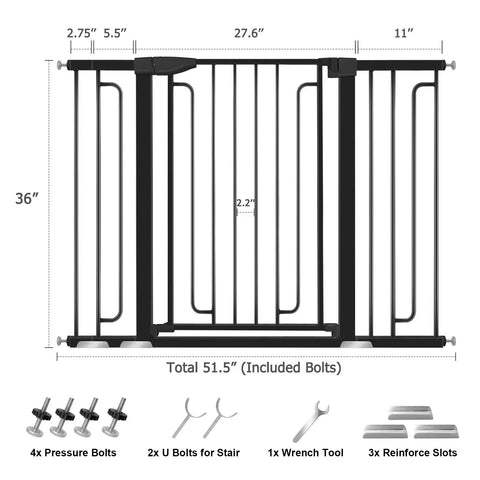 Dimensions and components of 36 Inch Tall Stair Baby Gate With Door, Extra Wide Adjustable From 29.3 Inches To 51.5 Inches