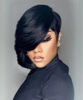 Short Pixie Cut Wig for Black Women With Bangs, Layered Virgin Human Hair, Side Part, Glueless Wear-and-Go, Full Machine-Made Wig on model