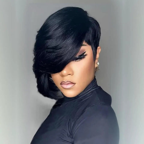 Short Pixie Cut Wig for Black Women With Bangs, Layered Virgin Human Hair, Side Part, Glueless Wear-and-Go, Full Machine-Made Wig on model