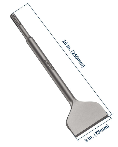Firecore SDS Plus tile removal chisel, 3 in wide by 10 in long, bent alloy-steel chisel bit, angled side view