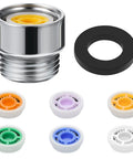 Shower Flow Reducer Set With Half Inch Valve And Six Flow Restrictors For Fixed Shower Head And Handheld Sprays, Includes 1.2, 1.5, 1.8, 2.0, 2.2 And 2.5 GPM Options For Water Saving, showing six colorful restrictors and valve
