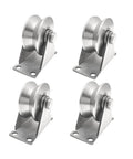 Hella Tough Stainless Steel V Groove Plate Casters With Double Ball Bearing Track Rollers For Heavy Duty Sliding Gates And Commercial Warehouses Rock Solid Construction Delivers Zero Hassle Smooth Gliding Action 4 Pack, showing four heavy-duty casters.