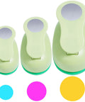 Circle Punch Set Of 3 Inches, 2 In, 1.5 In And 1 In for crafting, showing three light green punches and color cutouts for DIY projects.