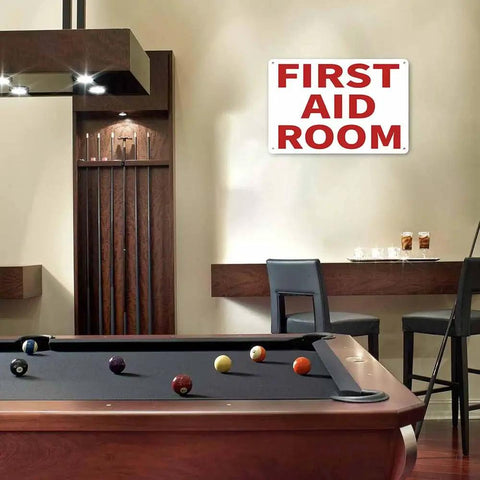 Rugged Rust-Proof Aluminum First Aid Room Sign For Office, Factory, Warehouse, And Workshop - 12 By 8 Inches on wall