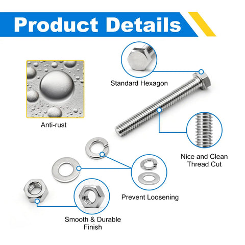 Heavy Duty 3/8-16 Hex Bolt Set Kit Five 3 Inch Stainless Steel 304 Right Hand Bolts With Nuts Flat Washers And Spring Lock Washers For DIY Fixes And Home Projects detail view
