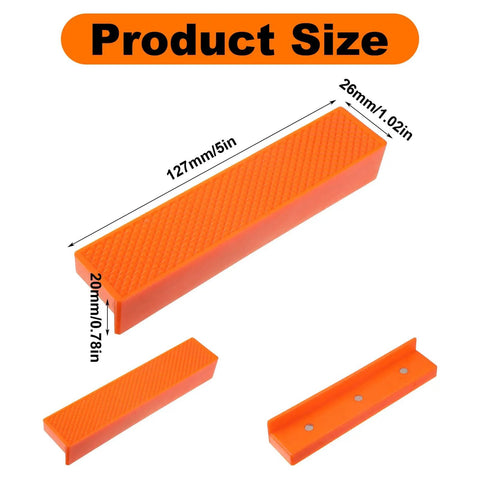 2 Set Magnetic Vise Jaw Pads 5 Inch Soft Rubber Bench Protectors in orange, showing size dimensions and grooved grip design.