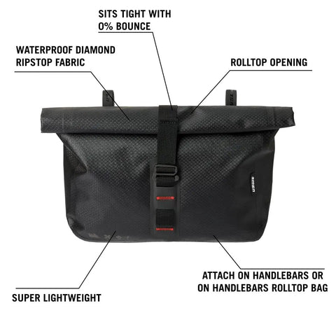 Handlebar Bag For Bicycles Waterproof Front Frame Storage Pouch 3.5L For MTB Road Gravel E-MTB And Racing Lightweight With Easy Access And Dry Gloves Compartment Ideal Bikepacking Accessory, shown with rolltop opening and diamond ripstop fabric.