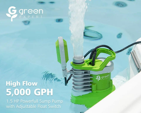 High flow sump pump immersed in water demonstrating 5000 GPH flow capacity for basements, pools, and spas