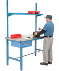 Heavy Duty Shop Beast 72X30 Industrial Workbench With Storage Drawer And Upright Shelf, Blue 304 Stainless Steel Top, user working.