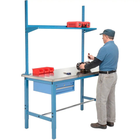 Heavy Duty Shop Beast 72X30 Industrial Workbench With Storage Drawer And Upright Shelf, Blue 304 Stainless Steel Top, user working.