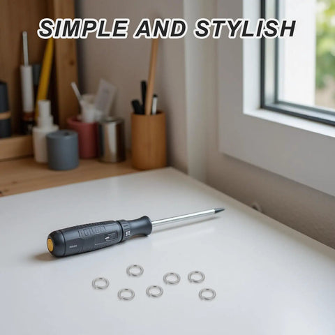 Heavy Duty Steel Split Lock Washers Stainless M6 Fastener Hardware 300 Pack arranged next to a screwdriver on a workspace.