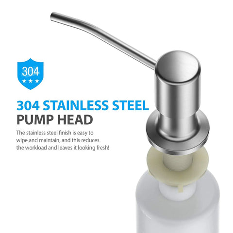 304 stainless steel pump head for built in kitchen sink soap dispenser and lotion dispenser in brushed nickel with 17 oz bottle
