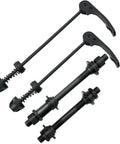 Heavy Duty Bike Quick Release Axle Skewer Set For Front And Rear Hollow Shaft Kit Replacement On Road Mountain MTB BMX Bikes Steel 1045 Axles With Aluminum Quick Release Fits 20 To 28 Inch Wheels 6 To 8 Speed, shown with steel axles and black levers.