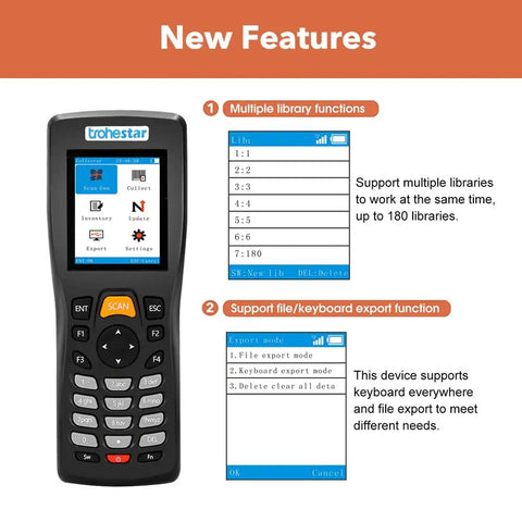 Pro Grade Wireless Barcode Scanner With Rechargeable Battery And 2 4 Ghz Rf Transceiver, featuring multiple library functions and export modes.