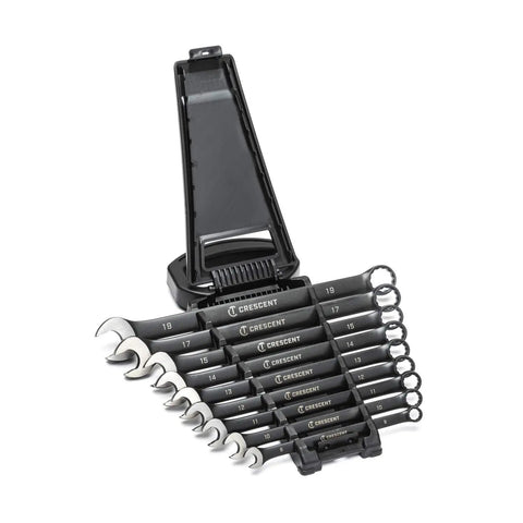 9 Piece X10 12 Point Long Pattern Combination Metric Wrench Set Pro Grade Heavy Duty Alloy Steel With Corrosion Resistant Black Manganese Phosphate Finish And Anti Slip Open Ends For Gearheads shown in holder