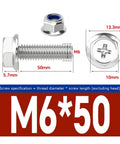 Dimensions of Cross Flange M6 Hex Bolts With Serrated Flange Heads And Anti Loosening Nuts Kit, 50mm length, stainless steel