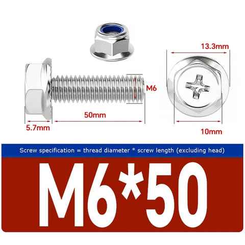 Dimensions of Cross Flange M6 Hex Bolts With Serrated Flange Heads And Anti Loosening Nuts Kit, 50mm length, stainless steel