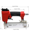 Hella Reliable Oil Free Pneumatic Staple Gun And Kickass Finish Nailer with ergonomic grip and dimensions shown for precise use.