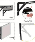 Diagram of Pair Of Heavy Duty Folding Shelf Brackets, Rock-Solid No-Fuss Triangle Wall Mounted Brackets with open and fold positions