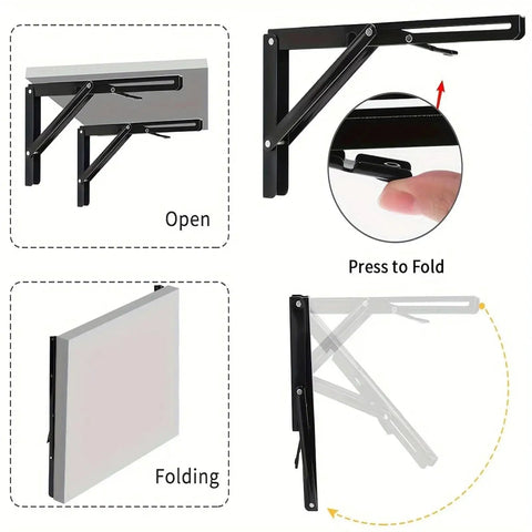 Diagram of Pair Of Heavy Duty Folding Shelf Brackets, Rock-Solid No-Fuss Triangle Wall Mounted Brackets with open and fold positions