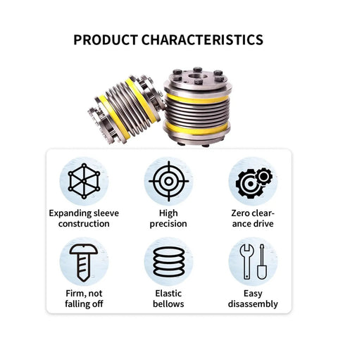 Zero Play Bellows Coupling Flows Smooth With Rock Solid Stainless Steel Flex Sleeve Paired To Aluminum Alloy Hub for CNC with product characteristics.