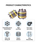 Rock Solid Bellows Coupling Featuring Zero Backlash Drive Shafts And Hella Precise CNC Machined Fit, showcasing elastic bellows and expanding sleeve.