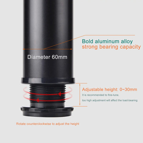 Close-up of black aluminum alloy adjustable height table leg with 60mm diameter for furniture support