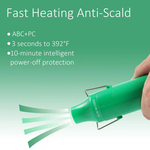 Hot Air Heat Gun for Crafting and DIY Projects, 110V 300W Handheld, green, fast heating, anti-scald, with stand, showing airflow
