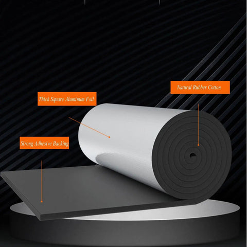 Heavy Duty Professional Grade Self Adhesive Thermal Insulation Roll with Rock Solid Fireproof Sound Deadening Foam Panel showing thick aluminum foil and rubber cotton.