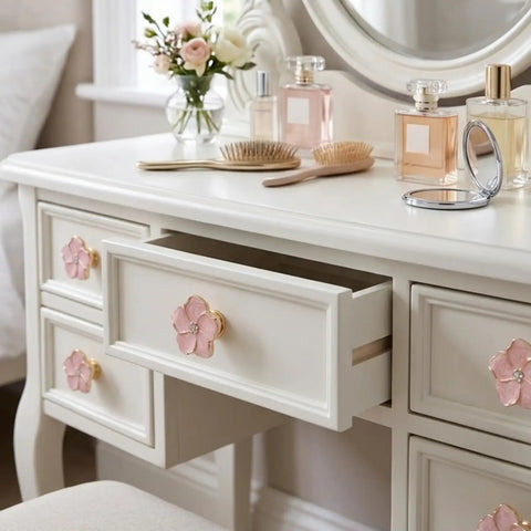 Legit Gorgeous Gold Floral Cabinet Knobs With Sparkling Rhinestone Center 5 Petal Pearlescent Enamel Dresser Pulls on vanity drawer.