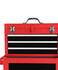 Hella Durable Three Drawer Rolling Tool Chest With Removable Top Box showing three black drawers with silver handles in bold red.