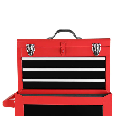 Hella Durable Three Drawer Rolling Tool Chest With Removable Top Box showing three black drawers with silver handles in bold red.