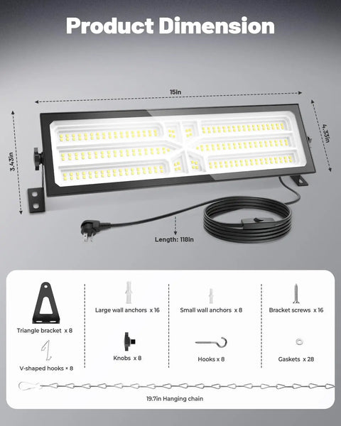 Four Pack Linkable LED Shop Lights With Built In Outlet 100W 15000LM Aluminum Garage Lighting dimensions and accessories shown