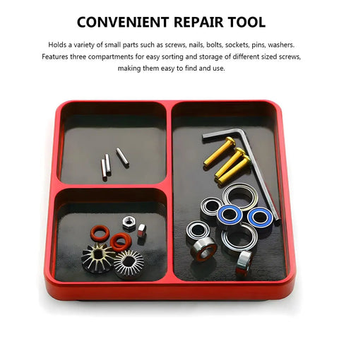 Must Have Magnetic Parts Tray Aluminum Alloy Organizer For RC Screws With Magnetic Pad Three Compartment Car Workshop Small Tool Tray For Sockets Bolts Pins Auto Repair Accessories Red, displaying small parts in compartments