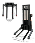 Heavy Duty Electric Pallet Stacker With Straddle Legs Boasting A Massive 2640 Lb Capacity And An Impressive 118 Inch Lift Height, adjustable forks.