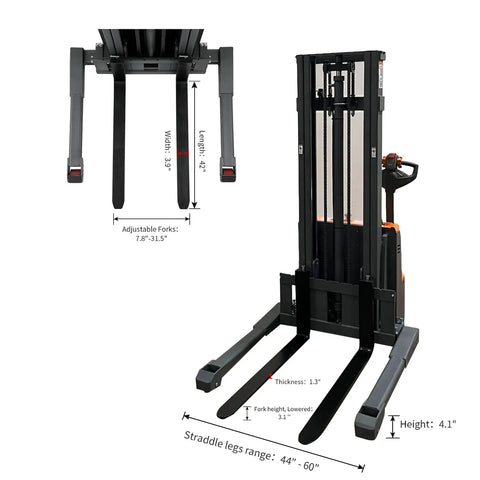 Heavy Duty Electric Pallet Stacker With Straddle Legs Boasting A Massive 2640 Lb Capacity And An Impressive 118 Inch Lift Height, adjustable forks.