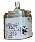Front view of Incremental Rotary Encoder 36E S3AK01000 Compact Low Profile Sensor showing label and connectors.