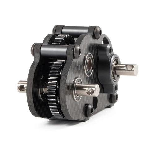 Close-up of Ultralight Carbon Fiber Overdrive Transmission OD3 For AR44 Capra Axle LCG 1x10 RC Rock Crawler, showcasing gears and titanium shafts.