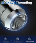 Close-up view of M12X1.25 threading on Road Ready Chrome Lug Nuts 60 Degree Conical Seat, designed for easy installation.