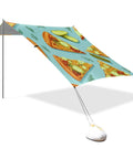 9x10ft Beach Tent Sun Shelter with Pickle Pizza Design, portable canopy with sturdy poles and sandbags for easy setup.