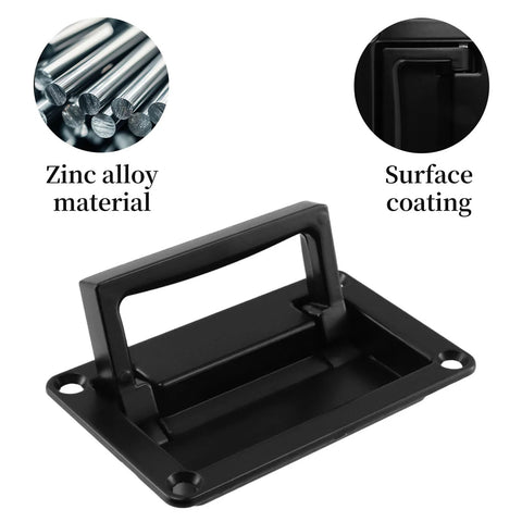 Recessed Flush Pull Handle With Mounting Screws Black Zinc Alloy For Deck Hatch and Toolbox, showing zinc alloy and coating details.
