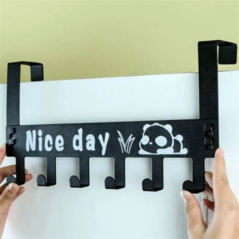 Heavy Duty 6 Hook Wall Mounted Metal Coat Rack Cabinet Door Hanger System For Hallway Bathroom And Kitchen Versatile Towel Organizer With No Sweat Quick Install in black with panda design.